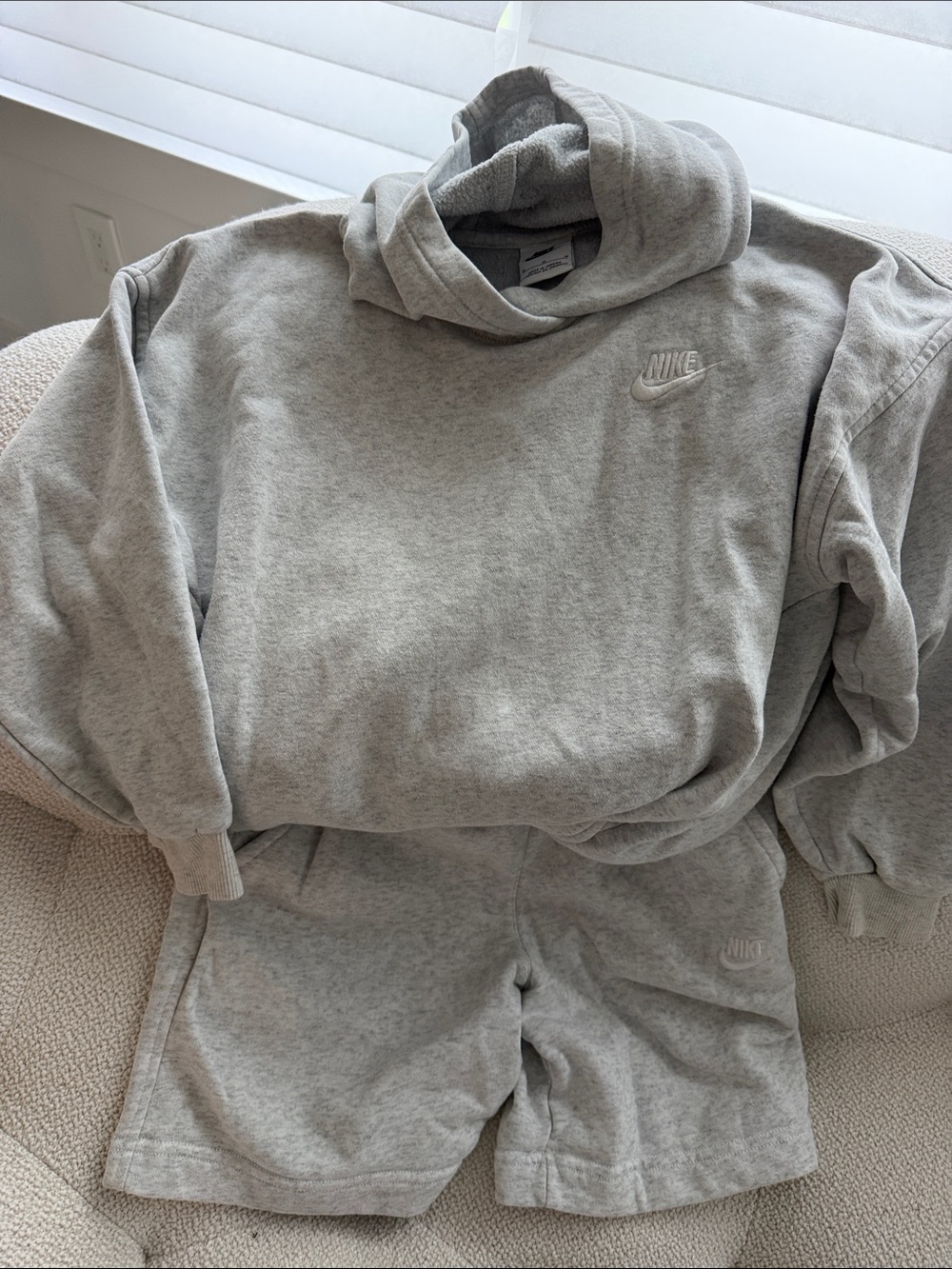 Nike Light Gray Hooded Sweatshirt and Shorts Set